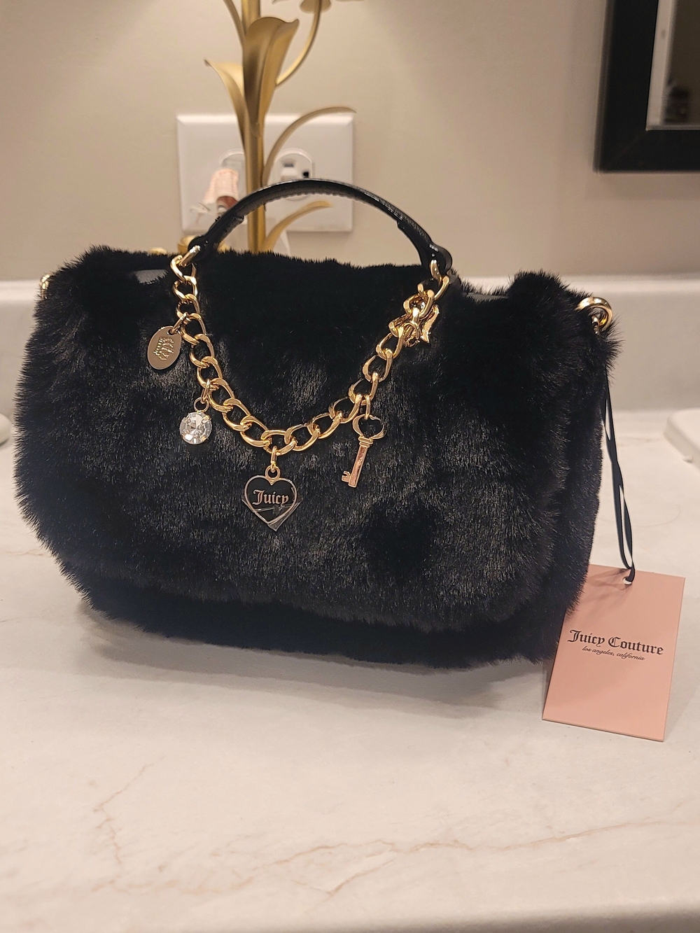 NWT Juicy Couture Black Faux Fur Chain-Charm Bag